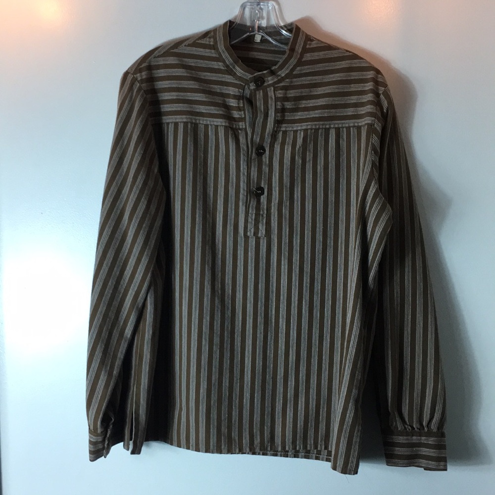Collarless Dress shirt white stripe on brown